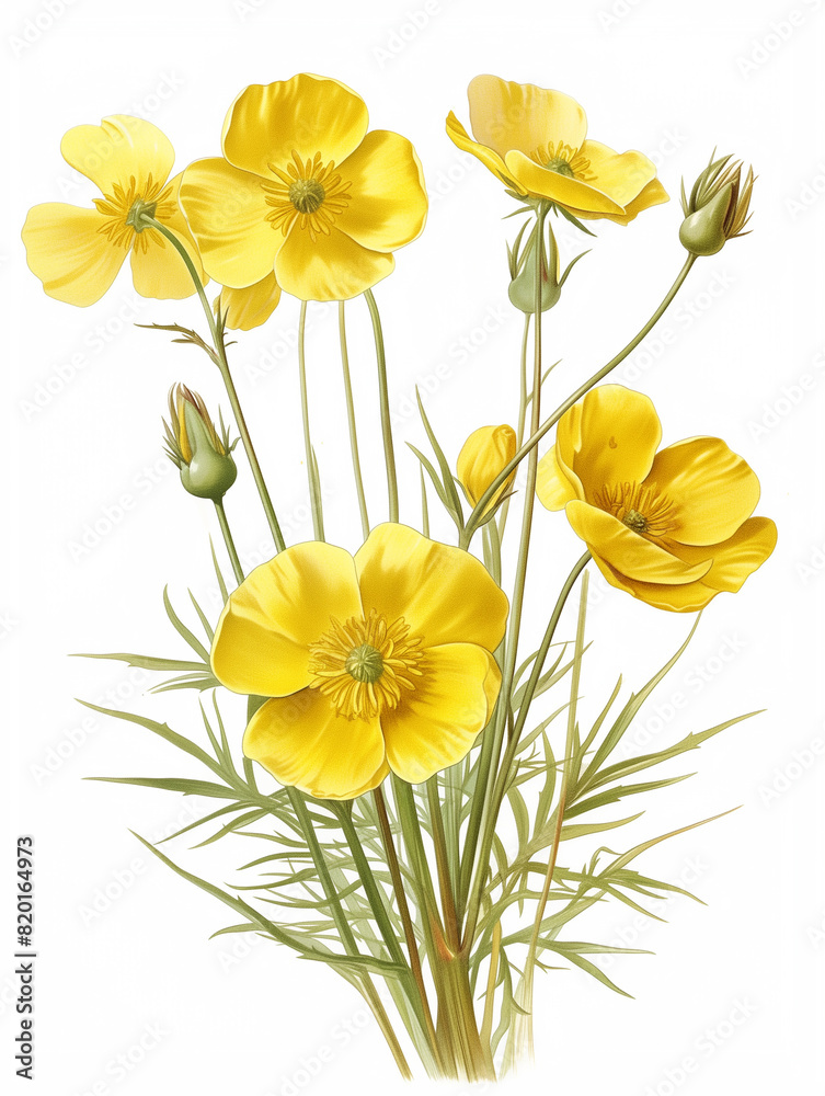 Buttercup flower illustration isolated on white. Ranunculus repens. Creeping Buttercup. Realistic botanical illustration. Buttercup flower illustration isolated on white. Ranunculus repens. Creeping Buttercup. Realistic botanical illustration.