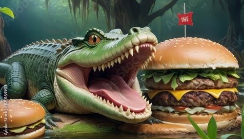 An alligator opens its mouth wide to indulge in a giant, stacked burger, a whimsical take on wildlife dining.