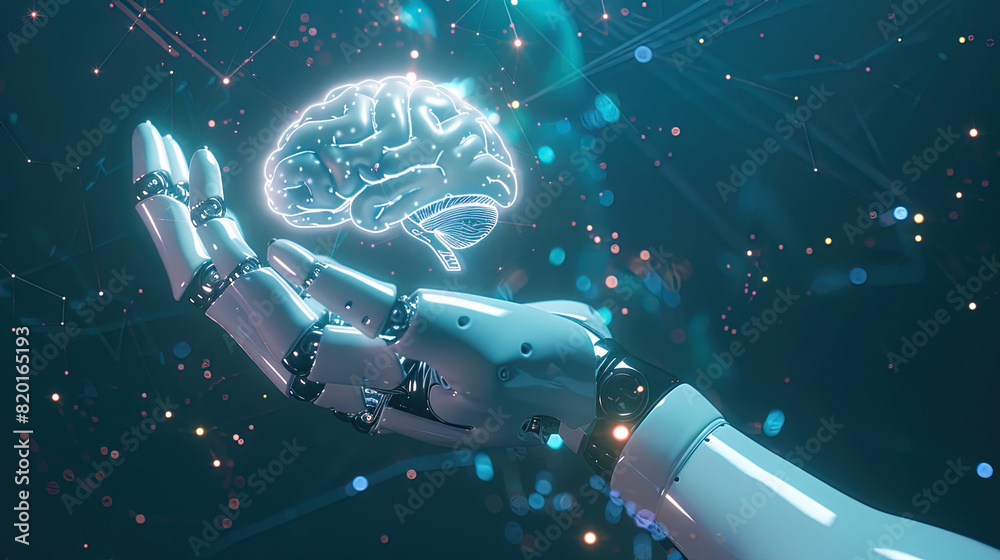 Robotic Hand Holding Glowing Brain Hologram - AI Artificial ...