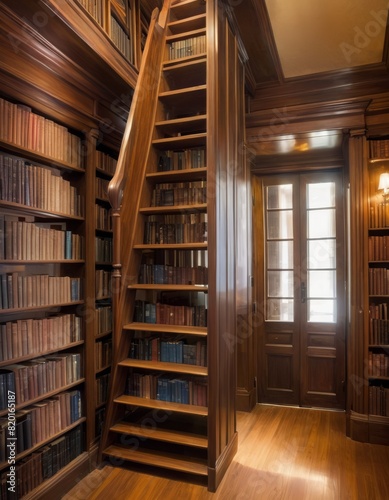 Classic wooden library interior with a sliding ladder, filled bookshelves, and a window letting in natural light, embodying a serene reading environment.