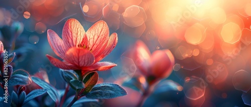 Beautiful red flowers in the soft glowing light of sunset  with dreamy bokeh background creating a serene and peaceful atmosphere.