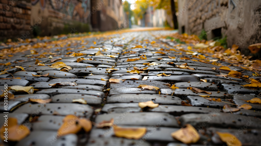Obraz premium An alleyway during autumn with leaves scattered on the cobblestone path.