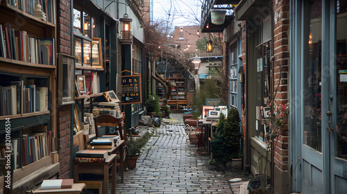 An alley lined with vintage bookshops and antique stores inviting exploration and discovery.