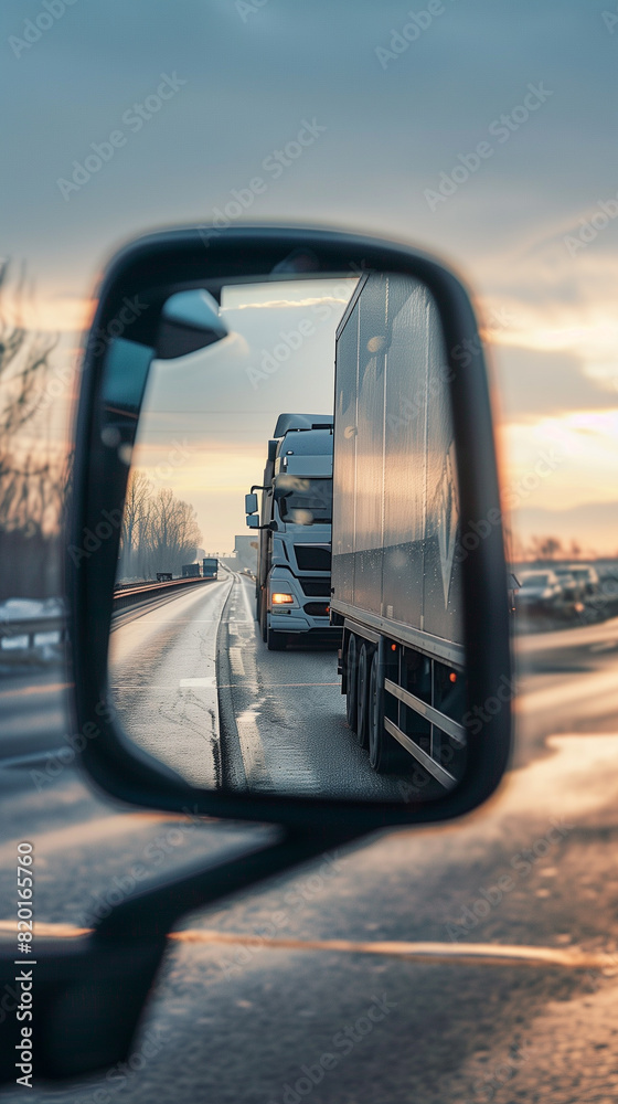 Enchanting scene of trucks navigating on a German Autobahn - highway reflected in a the wing mirror of another truck Enchanting scene of trucks navigating on a German Autobahn - highway reflected in a the wing mirror of another truck