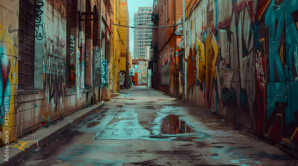 An artistically graffiti-covered alley in a vibrant urban area. An artistically graffiti-covered alley in a vibrant urban area.