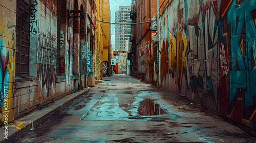 An artistically graffiti-covered alley in a vibrant urban area. photo