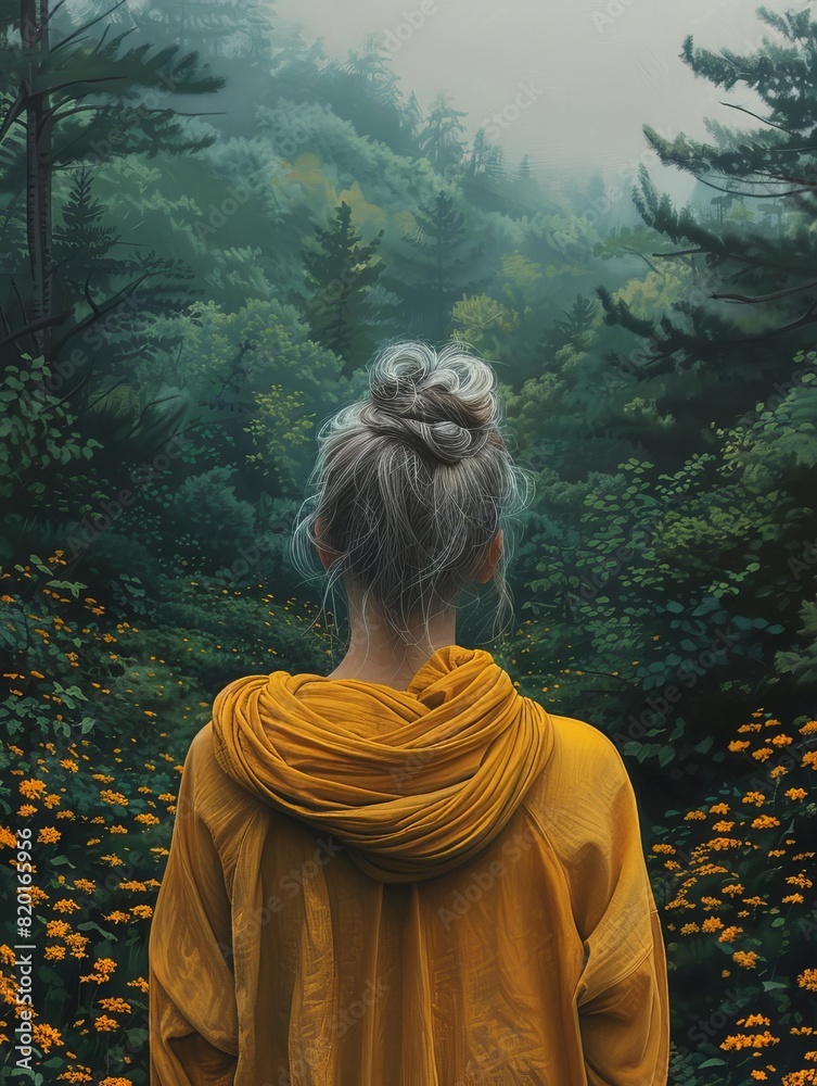Woman in a yellow jacket standing in a lush, green forest filled with tall trees and yellow flowers, facing away from the camera. Woman in a yellow jacket standing in a lush, green forest filled with tall trees and yellow flowers, facing away from the camera.