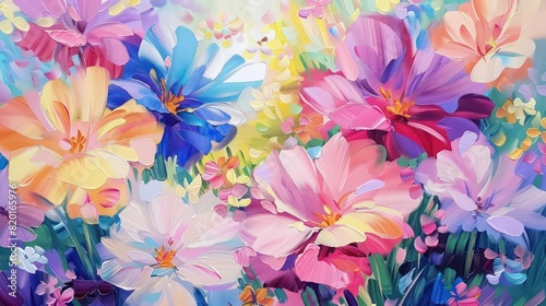 This image features a vibrant and textured painting of assorted flowers with a focus on the colors and brushwork