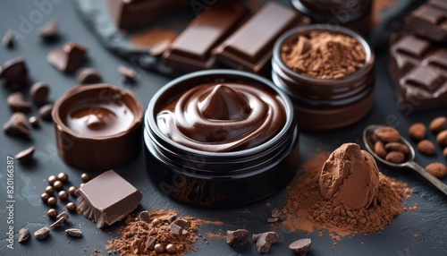 Delicious dark chocolate spread and cocoa powder arrangement with chocolate bars and coffee beans on dark background.
