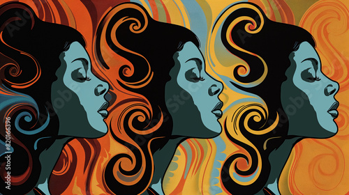 Retro-inspired  stylized illustration of a woman   s profile repeated three times  with swirling  colorful patterns in the background