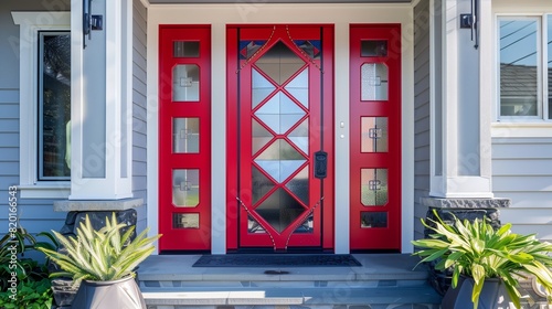 Bright Red Art Deco Inspired Front Door with Geometric Glass Inserts