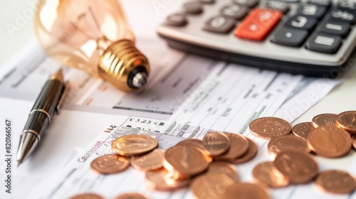 A light bulb, a pen, a calculator and some copper euro cent coins lie on top of an electricity bill. photo