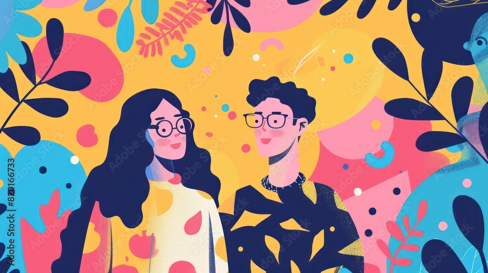 This vibrant, illustrated image features two individuals surrounded by a lively mix of floral and abstract patterns, invoking a sense of creativity and connection This vibrant, illustrated image features two individuals surrounded by a lively mix of floral and abstract patterns, invoking a sense of creativity and connection