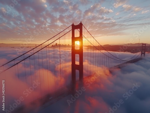Golden Gate Bridge captured at dawn from a drone, enveloped in fog, with a dynamic aerial view of the city in the background