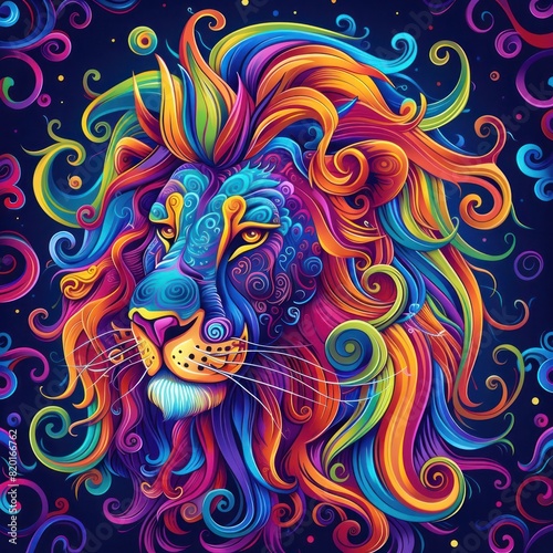 Vibrant Psychedelic Cartoon Lion Radiating Colorful Mane photo