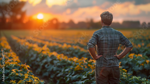 A farmer standing in a lush green field at sunset, admiring the view and reflecting on the day's work and achievements.
