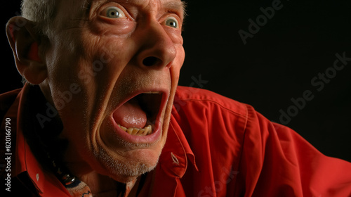 Elderly man in a red shirt with a terrified expression, mouth open wide in a scream, capturing a moment of intense fear photo