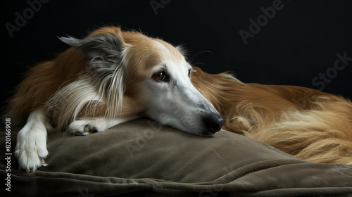 Long-haired dog lying down on a cushion, looking thoughtful and serene against a dark background