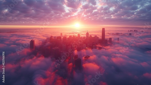 Dawn breaks over the city as fog blankets the Golden Gate Bridge  symbolizing urban awakening