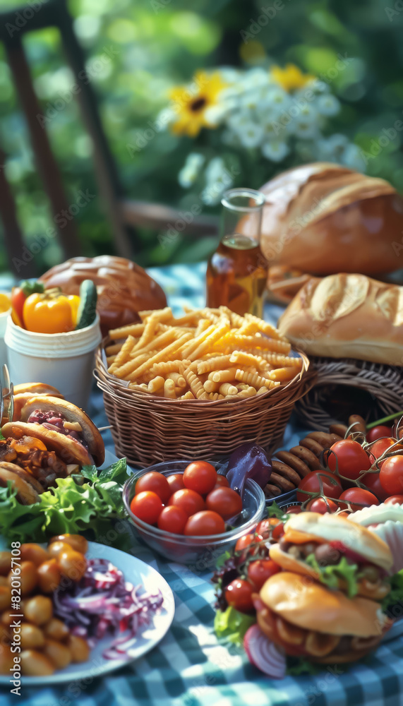 A delicious and healthy summer picnic with friends and family. There are so many delicious dishes to choose from, and the setting is perfect for a relaxing and enjoyable meal. A delicious and healthy summer picnic with friends and family. There are so many delicious dishes to choose from, and the setting is perfect for a relaxing and enjoyable meal.