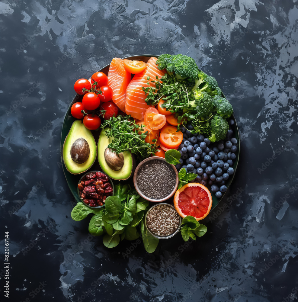 A variety of healthy foods are arranged on a plate including salmon, avocado, tomatoes, blueberries, chia seeds, and spinach. A variety of healthy foods are arranged on a plate including salmon, avocado, tomatoes, blueberries, chia seeds, and spinach.
