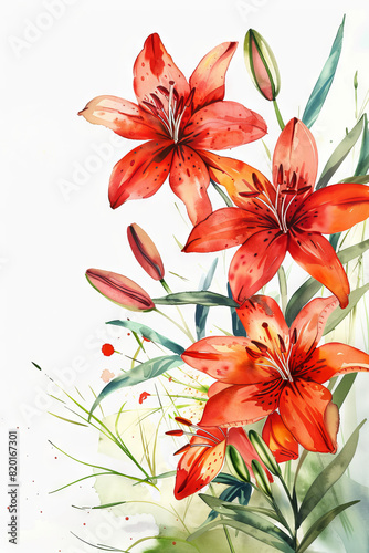 painting watercolor flower background illustration floral nature. Red lilies flower background for greeting cards weddings or birthdays. Copy space. 