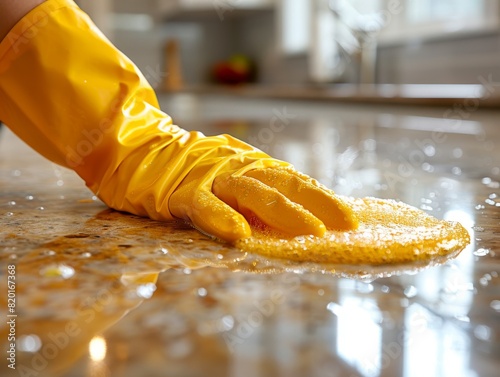 Close-up of a hand in a yellow glove cleaning a kitchen countertop with a sponge, emphasizing cleanliness and hygiene in a home environment. photo