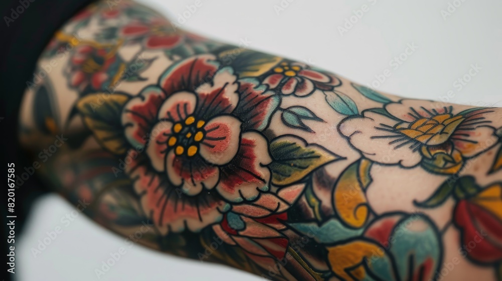 Fototapeta premium Tattoo on a person's arm, showcasing a vibrant and colorful floral design