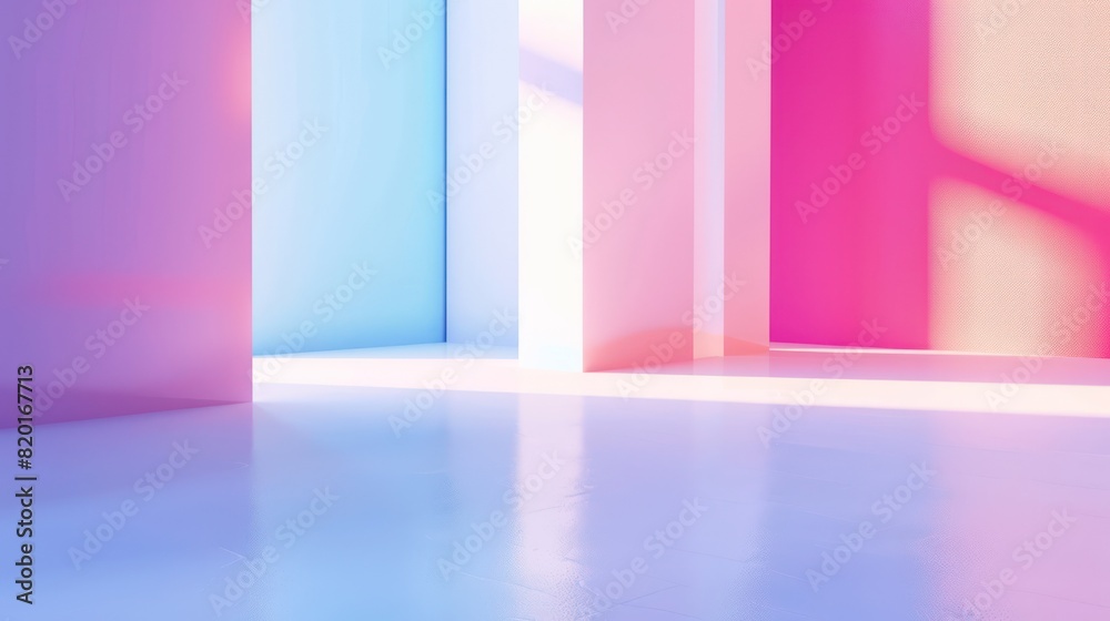 This image features a vibrant gradient background with vivid pink, purple, and blue hues, reflecting off a glossy floor