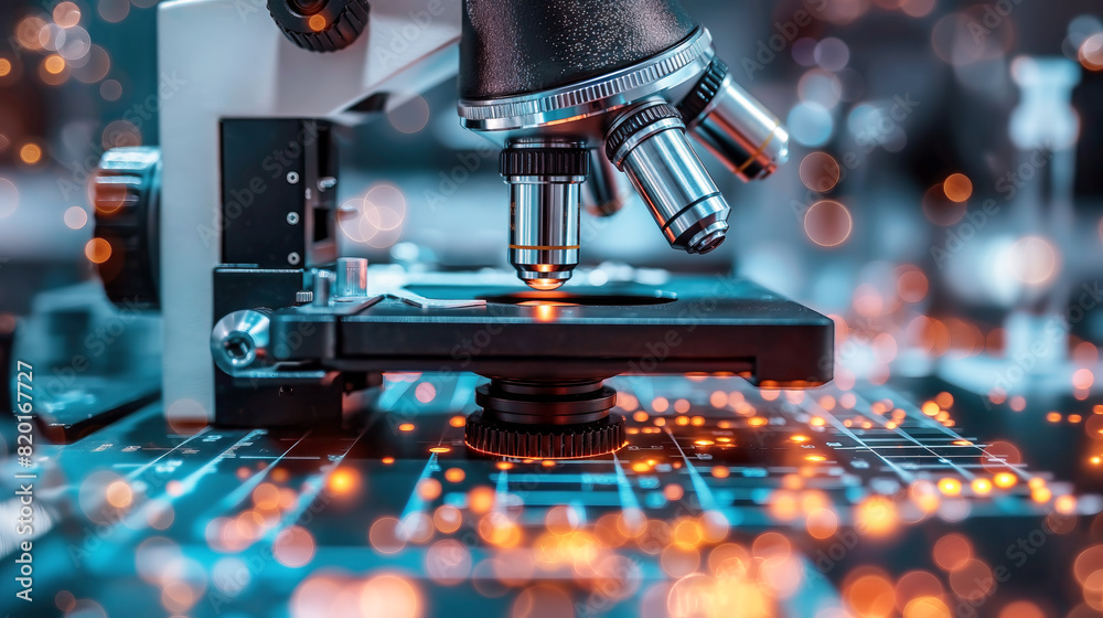 Genetic engineering concept. Microscope in abstract laboratory Genetic engineering concept. Microscope in abstract laboratory