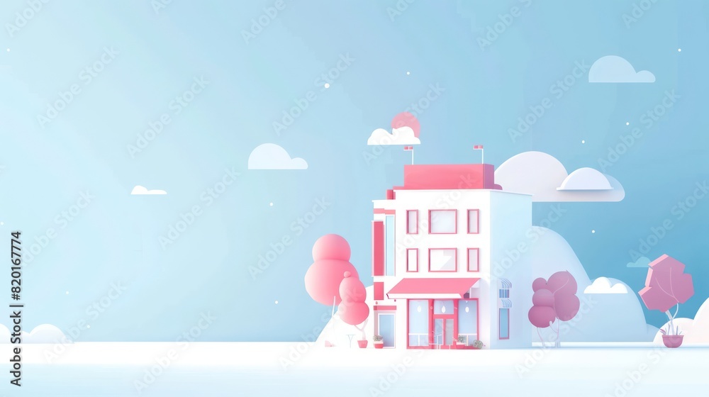 A digital illustration depicting a whimsical building in a pastel-colored fantasy setting with a minimalist and modern design