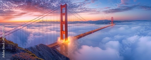 Golden Gate Bridge's suspension system at dawn, shrouded in fog, showcases architectural and engineering excellence photo