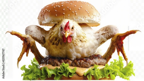 An adult white broiler chicken inside an enormous hamburger with a transparent background, its legs hanging down in front with green lettuce and yellow mustard behind it, high quality