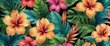 A colorful pattern featuring vivid orange and pink hibiscus flowers surrounded by lush green tropical leaves on a dark background, perfect for design and decor.