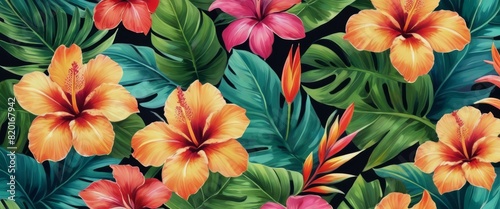 A colorful pattern featuring vivid orange and pink hibiscus flowers surrounded by lush green tropical leaves on a dark background  perfect for design and decor.