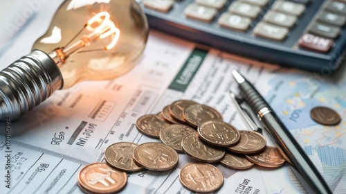 A light bulb, a pen, a calculator and some copper euro cent coins lie on top of an electricity bill. photo