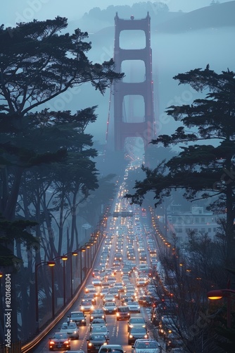 Morning rush on Golden Gate Bridge, foggy dawn commute with city skyline as backdrop photo
