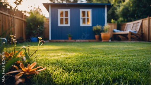 Backyard with artificial grass, patio, flower bed, timber fences, blue shed, and summer house.