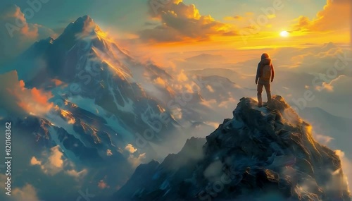 Man on top of a mountain enjoying the sunset. Man on top of a mountain. photo