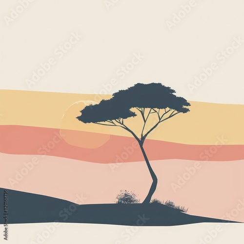 Minimalist D Cartoon of a Stylized Tree Silhouette in Pastel Colors