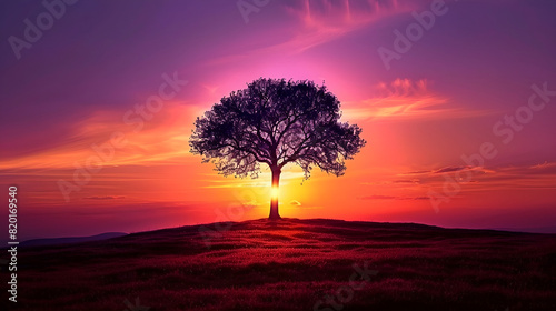 The lone tree creates a striking silhouette against a purple and pink sunset sky, as day turns to night. AI generative.
