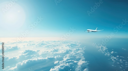 A commercial airplane is captured in flight high above the fluffy white clouds with a clear blue sky and the sun shining brightly