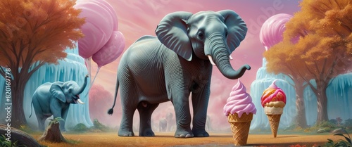 Elephants stroll through a whimsical landscape with candy-like trees and oversized ice cream cones.
