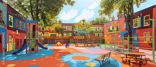 A colorful playground with a lot of different colored houses