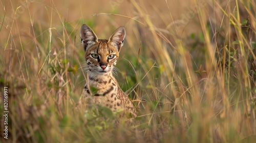 In Zambia's Kafue National Park, on the Busanga Plains, a young serval cat hunts in the tall grass photo