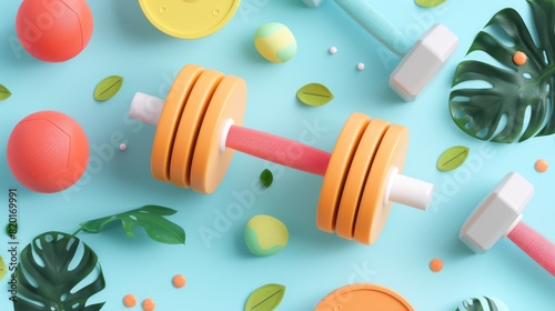 Flat lay of colorful sports equipment and tropical leaves on a pastel blue backdrop, featuring weights and balls photo