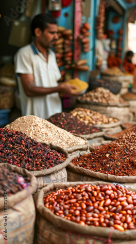 A man is standing in front of a pile of spices