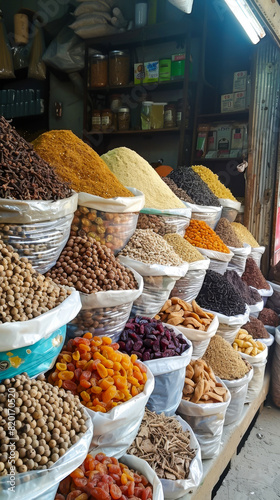 A variety of spices are displayed in bags and containers