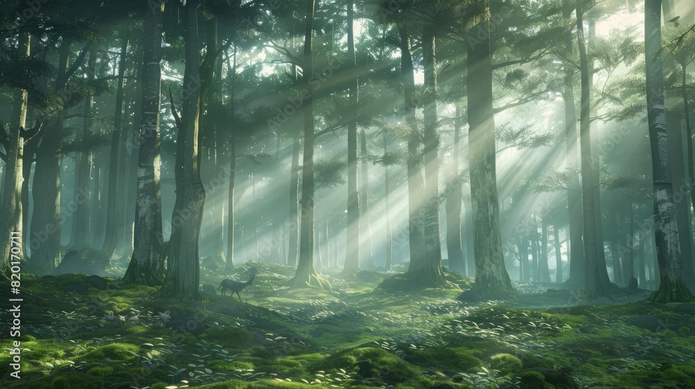 Misty forest with light beams Depict a dense forest enveloped in mist Misty forest with light beams Depict a dense forest enveloped in mist