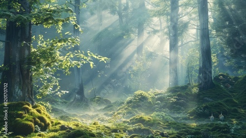 Misty forest with light beams Depict a dense forest enveloped in mist